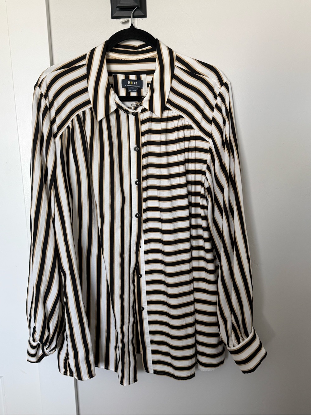 Anthropologie Black, White & Beige Striped Button-Down Shirt